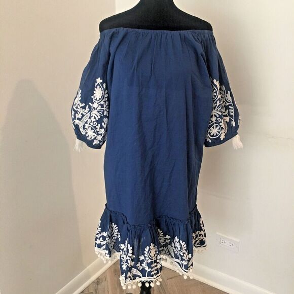 DEBBIE KATZ Boho Blue Off Shoulder Embroidered Pompoms Tassels Dress Cover Up S - Picture 2 of 10